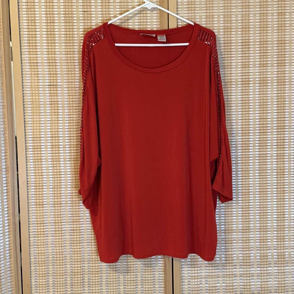 Linda Leal Womens 3X Red Kimono Sleeve Top Bling Office Party Lace Shoulders